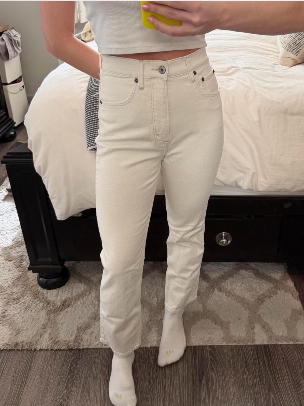A&F Ultra High Rise Ankle Straight Jeans in Ecru